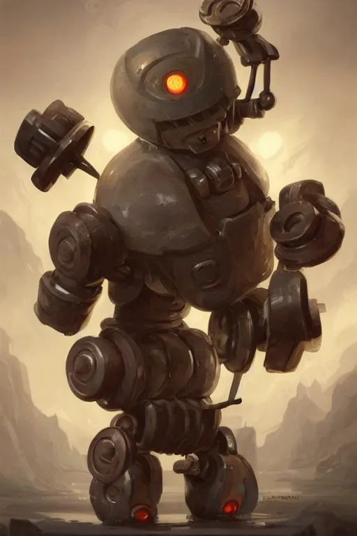 Image similar to robot [ thing ], lifting dumbbells, drinking a shake, tiny, small, short, cute and adorable, pretty, beautiful, dnd character art portrait, matte fantasy painting, deviantart artstation, by jason felix by steve argyle by tyler jacobson by peter mohrbacher, cinema