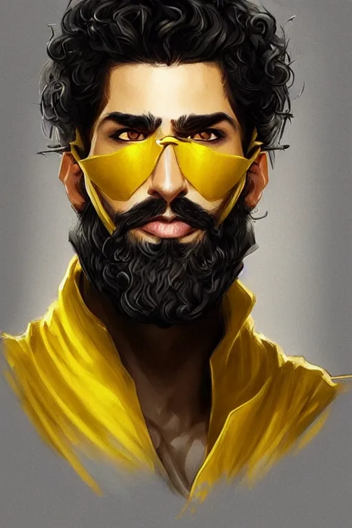 Image similar to Arab man light beard, curly hair, swordsman, modern, hero, leather , yellow and charcoal, character concept art, costume design, trending on artstation, Artgerm , WLOP