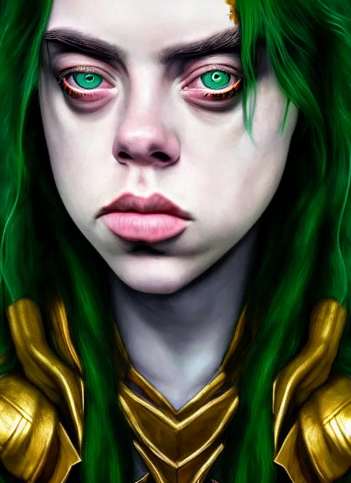 Prompt: Billie Eilish as female loki, goddess of mischief, hyper detail, hyper realistic, octane render, golden hour, gorgeous symmetrical face, elegant, by Gustave Courbet