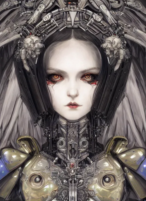 Prompt: portrait of cute beautiful young goth angel cyborg maiden, cyberpunk, Warhammer 40000, gothic, highly detailed, artstation, illustration, art by Gustav Klimt and Range Murata