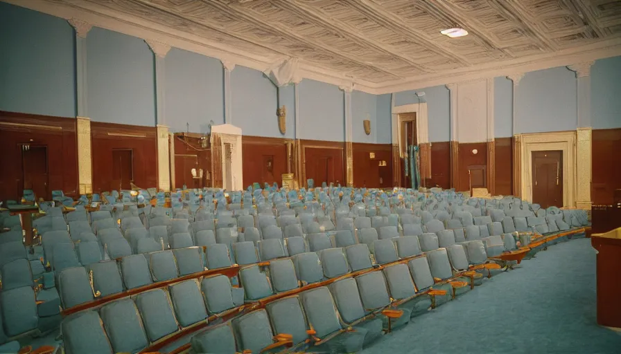 Prompt: 60s movie still of a sovietic stalinist style empty blue palace of congress, cinestill 800t 50mm eastmancolor, liminal Space style, heavy grain-s 150