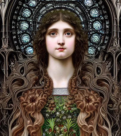 Image similar to hyperrealistic detailed portrait of a beautiful long haired young goddess morphing into a gothic cathedral, authentic ornamental architecture, art by ernst haeckel, john william godward, android jones, h. r. giger, gothic, neo - gothic, heavily ornamental,