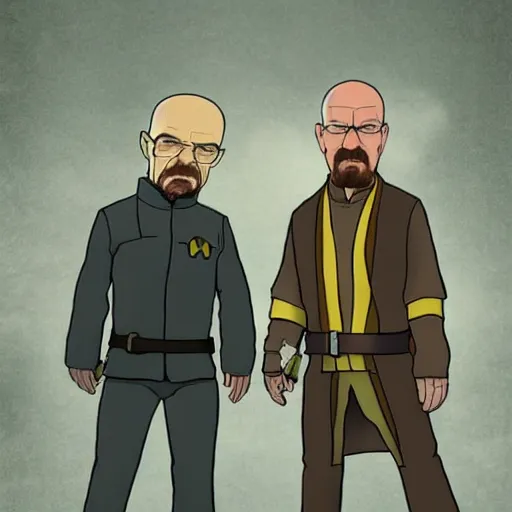 Prompt: Walter White and Jesse Pinkman in avatar the last Airbender, screenshot, still, digital art, highly detailed, in the style of Avatar the Last airbender, in the style of The Legend of Korra