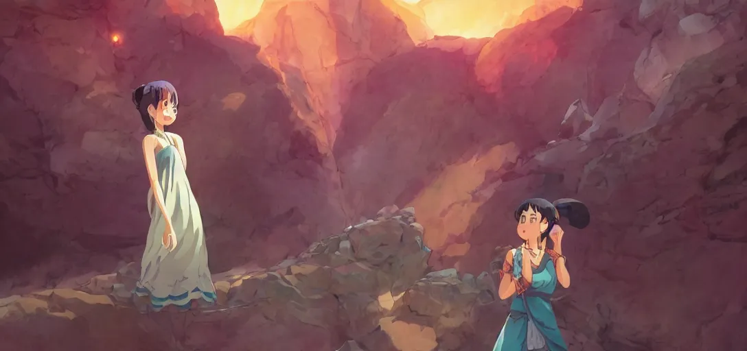 Image similar to Full body portrait of a Himalayan woman in a sleeveless dress, casting a spell on a giant crystal in a cave, detailed, artstation, by Kyoto Animation and Studio Ghibli, by Makoto Shinkai and Ilya Kuvshinov