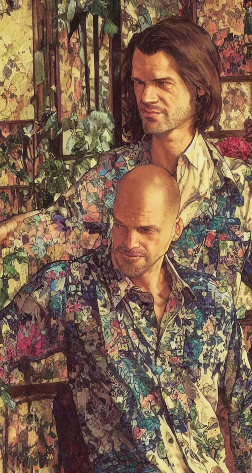 Image similar to close up of max payne floral shirt in a bar, sun shining, photo realistic illustration by greg rutkowski, thomas kindkade, alphonse mucha, loish, norman rockwell.