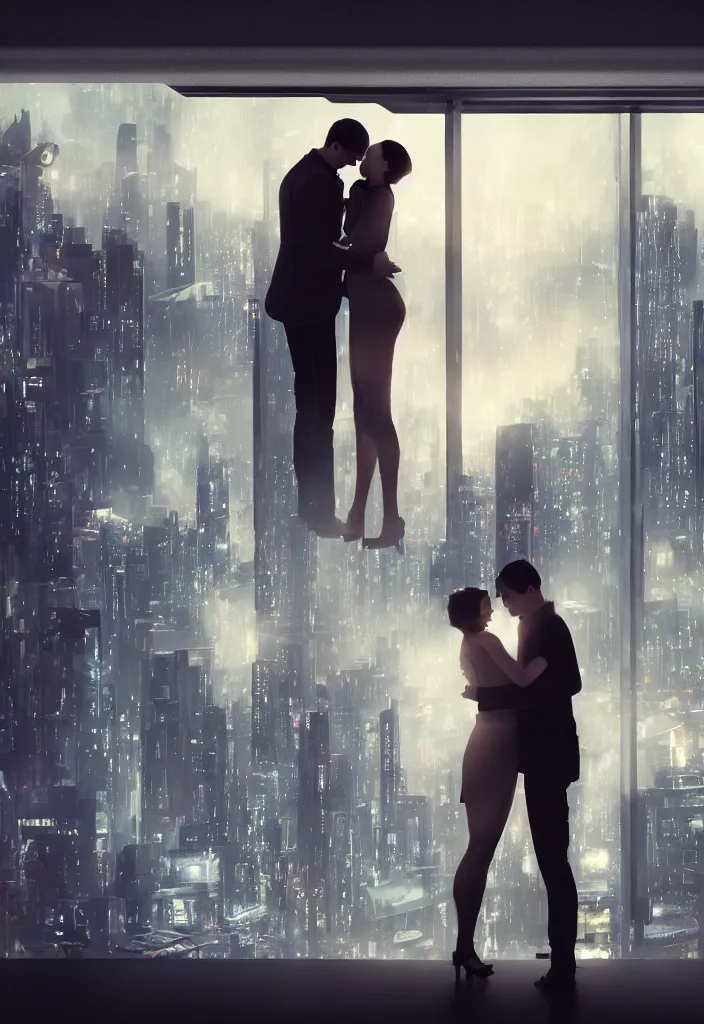 Image similar to she hug her husband that is sitting at his futuristic desk, lovely couple, blade runner style, hyper-realistic, octane render, realistic, real, sad, a couple consoling one another, strong woman, sad men, cinematic, 8k, very intricate, futuristic city behind the window, night