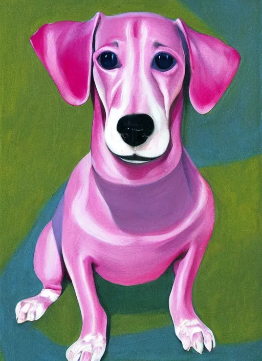 Prompt: Pink and Blue dachshund, painted by Georgia O'Keeffe