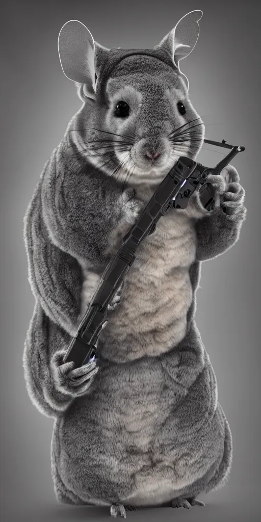 Image similar to cinematic shot chinchilla holding a pistol, hyper realistic, mood lighting, fantasy, detailed face, highly detailed, super realistic, perfect lighting pixel sorting