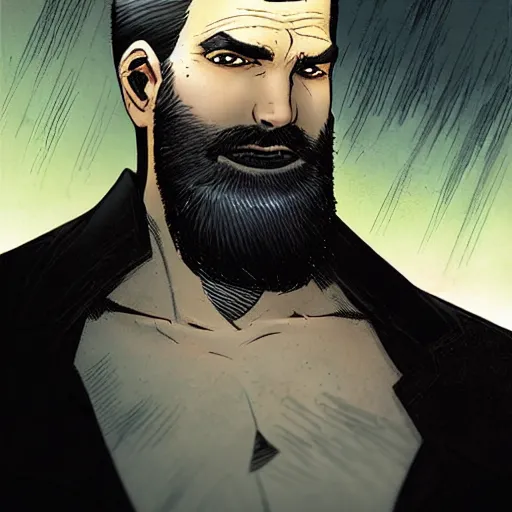 Image similar to portrait of a greying pale vampire police officer with short hair and a patchy beard, close up, grimy streets backdrop, highly detailed, sharp focus, perfect eyes, art by russell dauterman and patrick gleason and stefano caselli and marco checchetto and esad ribic