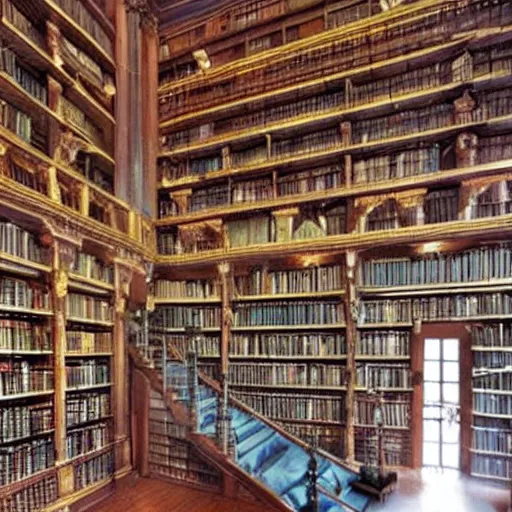 Prompt: a giant library, interior, tons of rooms, stairs to an upper floor, beautiful, magic, mystical