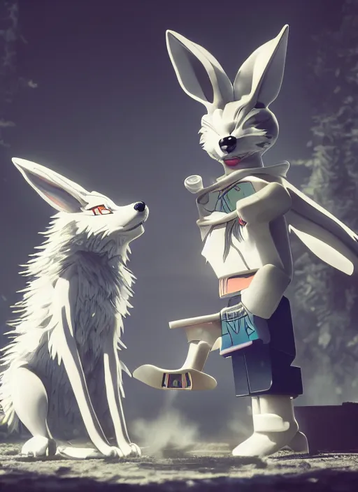 Image similar to Legosi the wolf and Haru the rabbit, anime, detailed, symmetric lights and smoke, symmetrical composition, cinemática, hyper realism, 8k, octane render, 8k