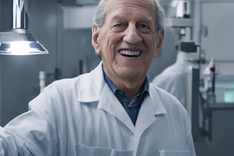 Image similar to an ultra realistic cinematic 3 / 4 view portrait of an evil male scientist smiling, stood in a lab, detailed, deep focus, movie still, dramatic lighting, by werner herzog