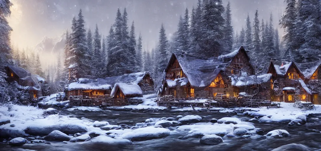 Image similar to cozy lodge beside a river stream in the canadian wilderness in winter, dramatic lighting, cinematic, establishing shot, extremely high detail, photo realistic, cinematic lighting, post processed, concept art, artstation, matte painting, style by eddie mendoza, raphael lacoste, alex ross