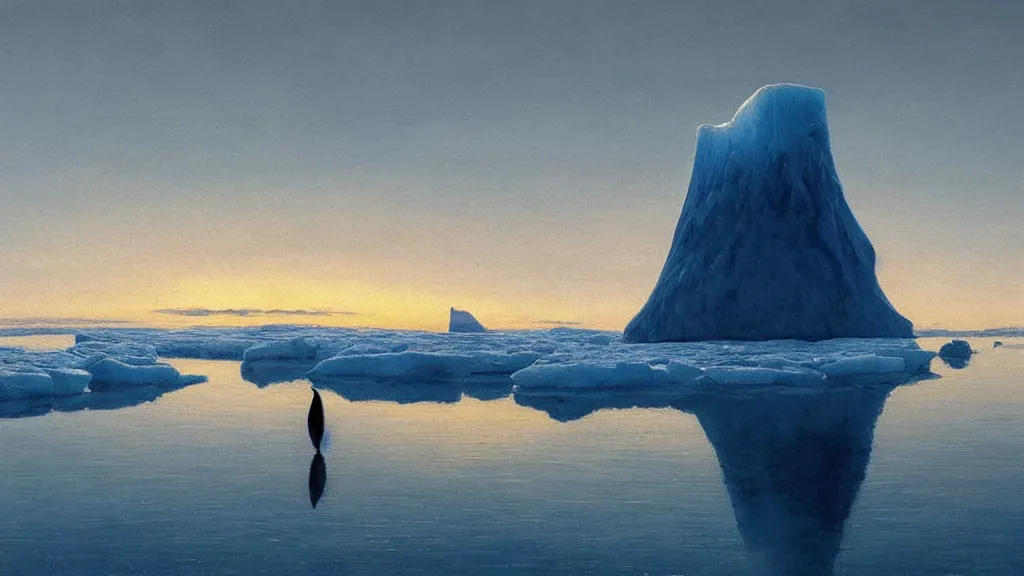 Image similar to the most beautiful panoramic landscape, oil painting, where a giant iceberg is lost in middle of the artic ocean, a giant penguin is exhaling steam while walking over the iceberg, there is nothing else, the artic ocean is reflecting the giant penguin over the iceberg and the ray lights of the sunset are brightening him, by greg rutkowski, minimal style,