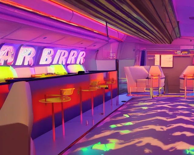 Prompt: Bar and nightclub inside a widebody plane with neon lights and sofas filled with partygoers, digital rendering, unreal engine 5