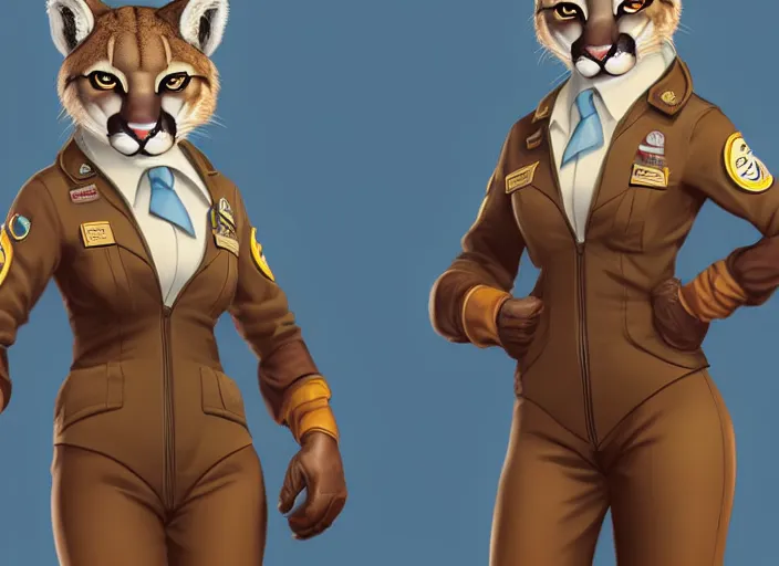 Image similar to character portrait feature of the anthro female anthropomorphic puma bobcat mountain lion fursona wearing airline pilot outfit uniform professional pilot for delta airlines character design stylized by charlie bowater, ross tran, artgerm, and makoto shinkai, detailed, soft lighting, rendered in octane