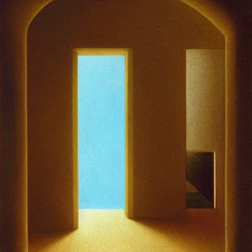 Image similar to a grinning giant looking inside someones house through the door hyper realistic in the style of zdzisław beksinski