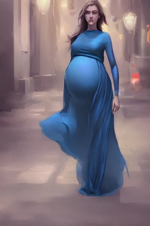 Prompt: pregnant woman in a small blue dress on night street, highly detailed, sharp focused, ultra realistic digital concept art by Charlie Bowater