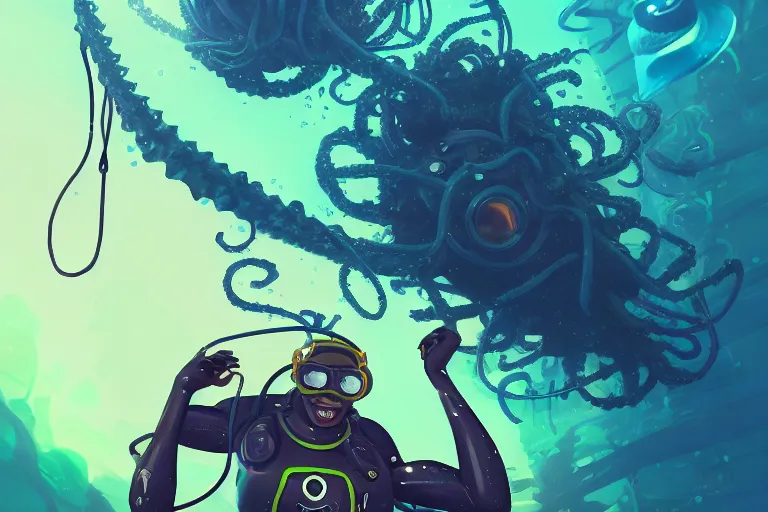Prompt: afro - futurist scuba divers escaping a gigantic alien angler fish through a kelp forest | hyperrealistic digital painting by makoto shinkai, ilya kuvshinov, lois van baarle, rossdraws | afrofuturism in the style of hearthstone and overwatch, trending on artstation