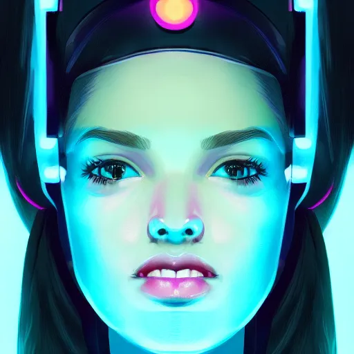 Image similar to portrait of a cute young woman with robot ears and eyes, 4k, sharp focus, neon colored fluorescent lighting, Andreas Rocha