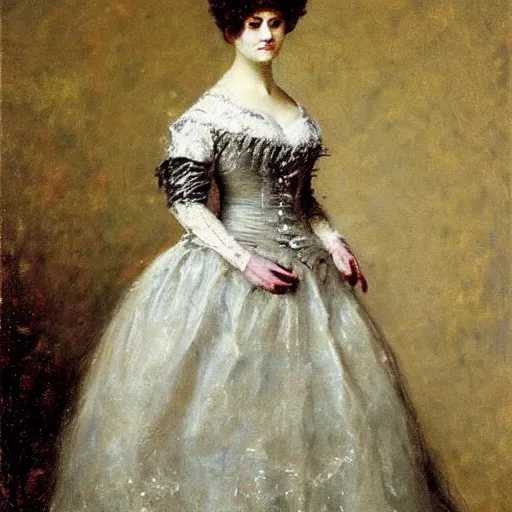 Prompt: young victorian lady in ball gown, painted by alfred stevens