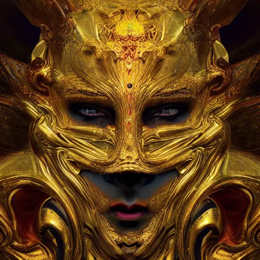 Image similar to Divine Chaos Engine, as a Venetian Carnivale Mask, by Karol Bak, Jean Deville, Gustav Klimt, and Vincent Van Gogh, celestial, visionary, sacred, fractal structures, ornate realistic gilded medieval icon, spirals, octane render