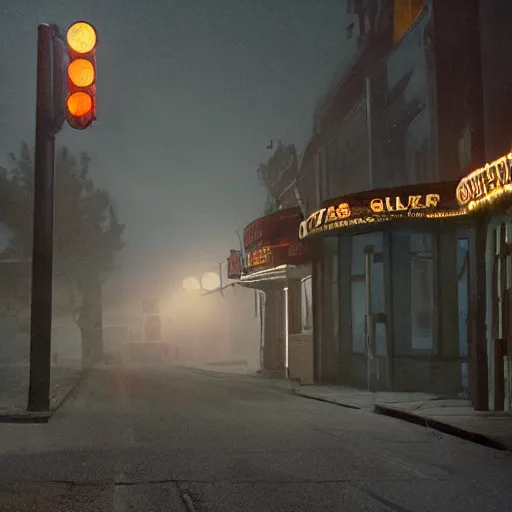 Image similar to A stunningly beautiful award-winning 8K high angle cinematic movie photograph of a dark foggy main intersection in an abandoned 1950s small town at night, by Edward Hopper and David Fincher and Darius Khonji, cinematic lighting, perfect composition, moody low key volumetric light. Color palette from Seven, greens yellows and reds. 2 point perspective