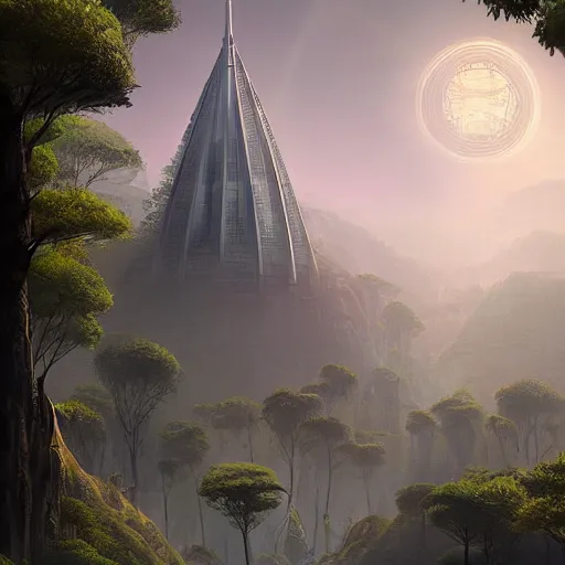 Image similar to futuristic temple tower between green hills with big trees, multiple planets, dramatic lighting, artstation, matte painting, raphael lacoste, simon stalenhag, frank lloyd wright