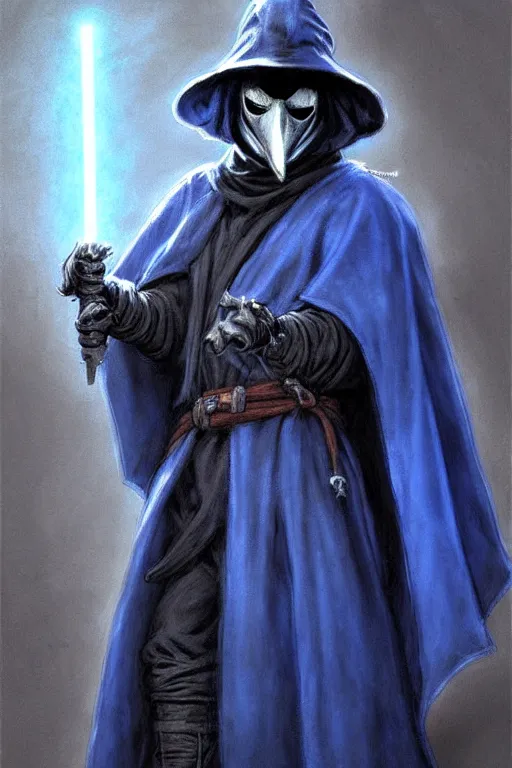 Image similar to a plague doctor with a blue robe as a d & d character, blue robe, magical, black fur armor, starwars, concept sheet, painting by gaston bussiere, demon slayer, akiri toriyama, dramatic lighting, anime