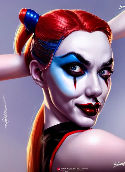Image similar to photo of a gorgeous harley quinn in the style of stefan kostic, realistic, sharp focus, 8 k high definition, insanely detailed, intricate, elegant, art by stanley lau and artgerm
