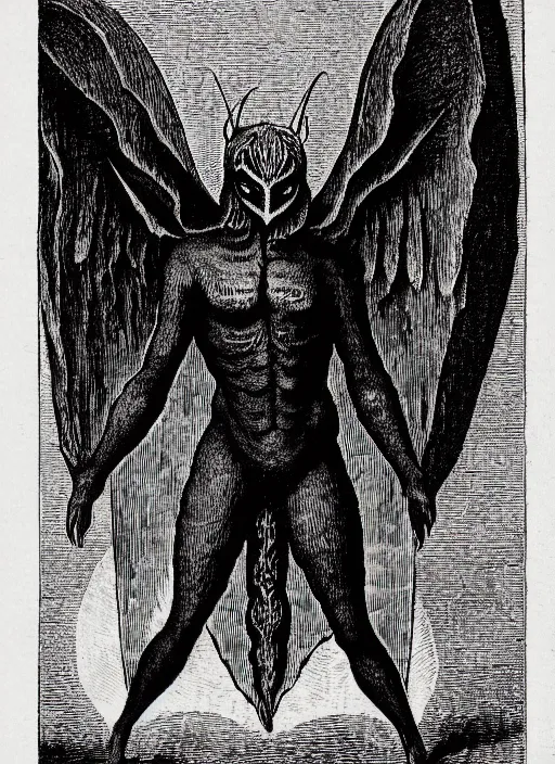 Image similar to illustration of mothman as a demon from the dictionarre infernal, etching by louis le breton, 1 8 6 9, 1 2 0 0 dpi scan, ultrasharp detail, clean scan