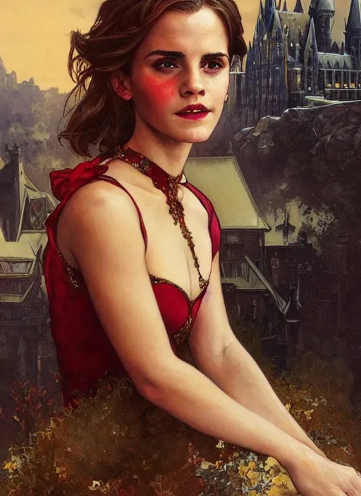 Prompt: oil painting of emma watson giving seductive look wearing red and gold. hogwarts in background beautiful detailed face. by artgerm and greg rutkowski and alphonse mucha