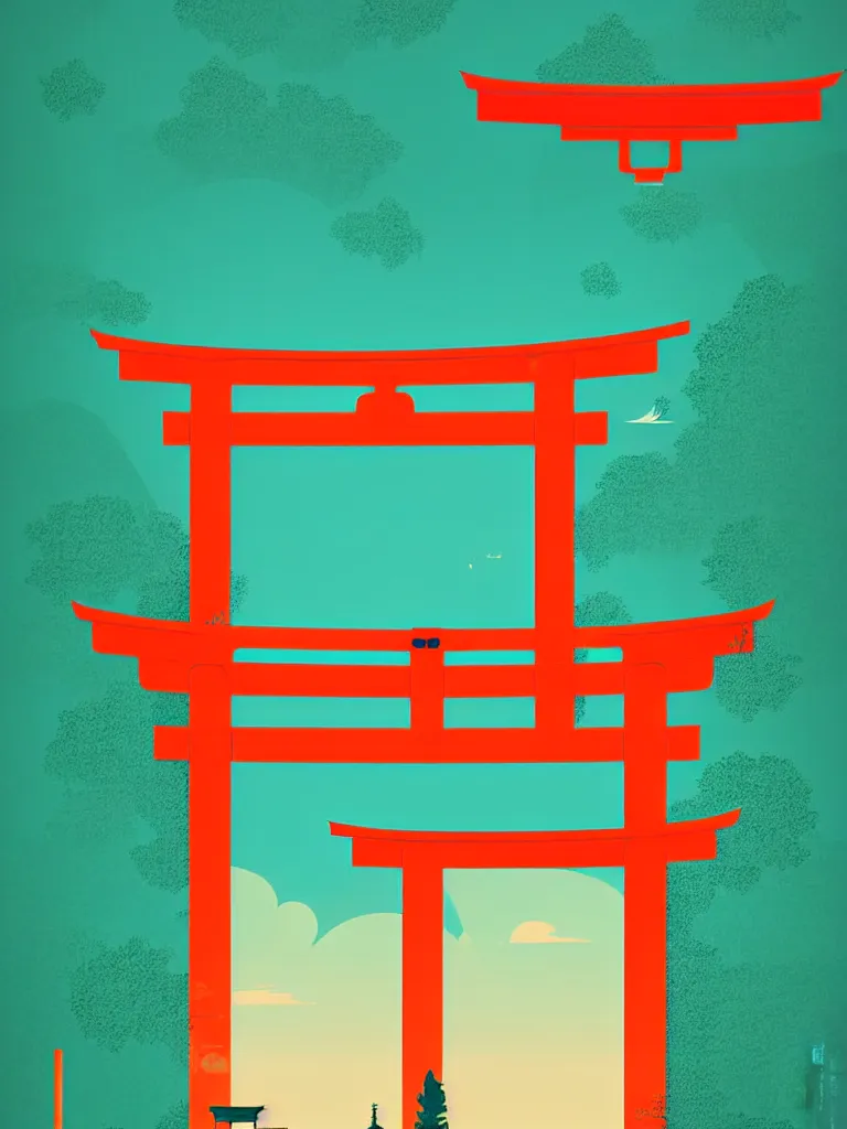 Prompt: a travel poster illustration depicting a japanese torii gate, vintage style, minimalist, digital painting, vector art, trending on artstration, by anton fadeev, by alena aenami