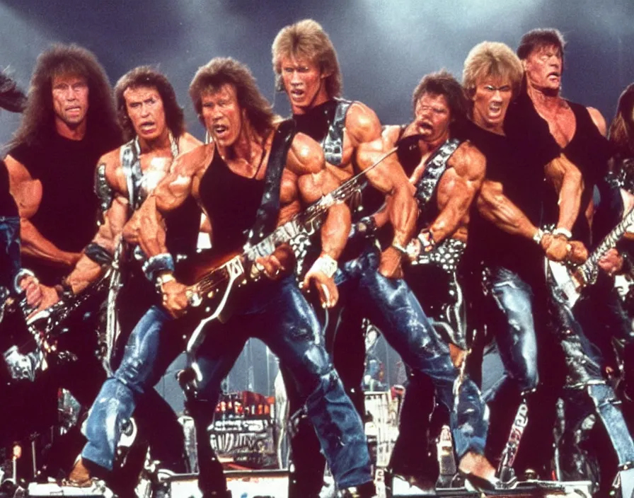 Image similar to colour photo off arnold schwarzenegger, sylvester stallone, dolph lundgren, Chuck Norris and Jean-Claude Van Damme in a heavy metal band, playing guitars, drums, on stage at monsters of rock 1985