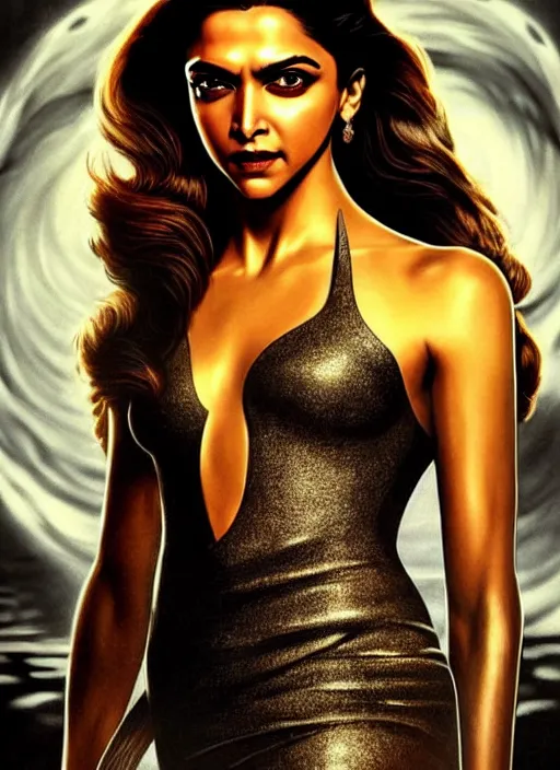 Image similar to portrait photo of a gorgeous young Deepika Padukone as Bond Girl in James Bond movie, with intricate detailed in the style of stefan kostic realistic sharp