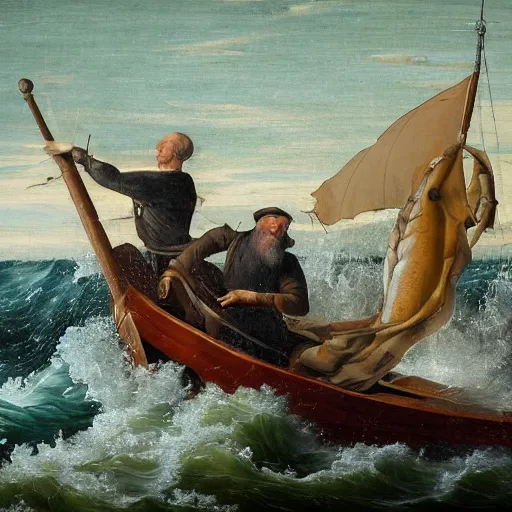 Prompt: a renaissance style oil painting of an old man, a marlin, and a boat in a turbulent sea. The old man is in the center of the image, with the marlin on the left and the boat on the right. He is leaning back, using all his strength to reel in the marlin. His face is sweaty and strained, and his arms are shaking. The marlin is huge, and its body is thrashing around in the water. The boat is small and insignificant compared to the marlin, and it is being pulled towards the fish. The overall effect is one of drama and suspense.