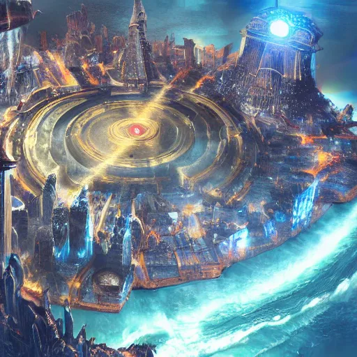 Image similar to A widespread luxurious asgardian city with oceans surrounding, sci fi fantasy, featured on pixiv, 4k hd art, cinematic lighting, hyperrealistic, ultra detailed, 8k hd artwork, cinematic