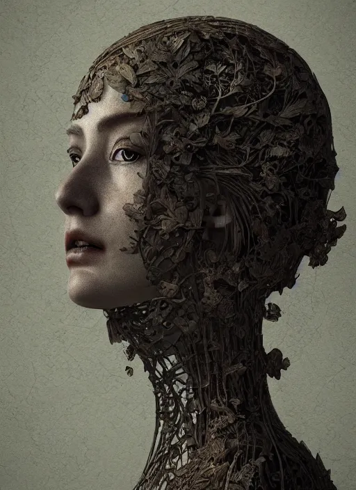 Image similar to a woman's face in profile, made of leaf skeletons, in the style of the Dutch masters and Gregory Crewdson, dark and moody intricate traditional Chinese textures, rococo decorations, hyper detail, Unreal engine,Octane render, by Karol Bak