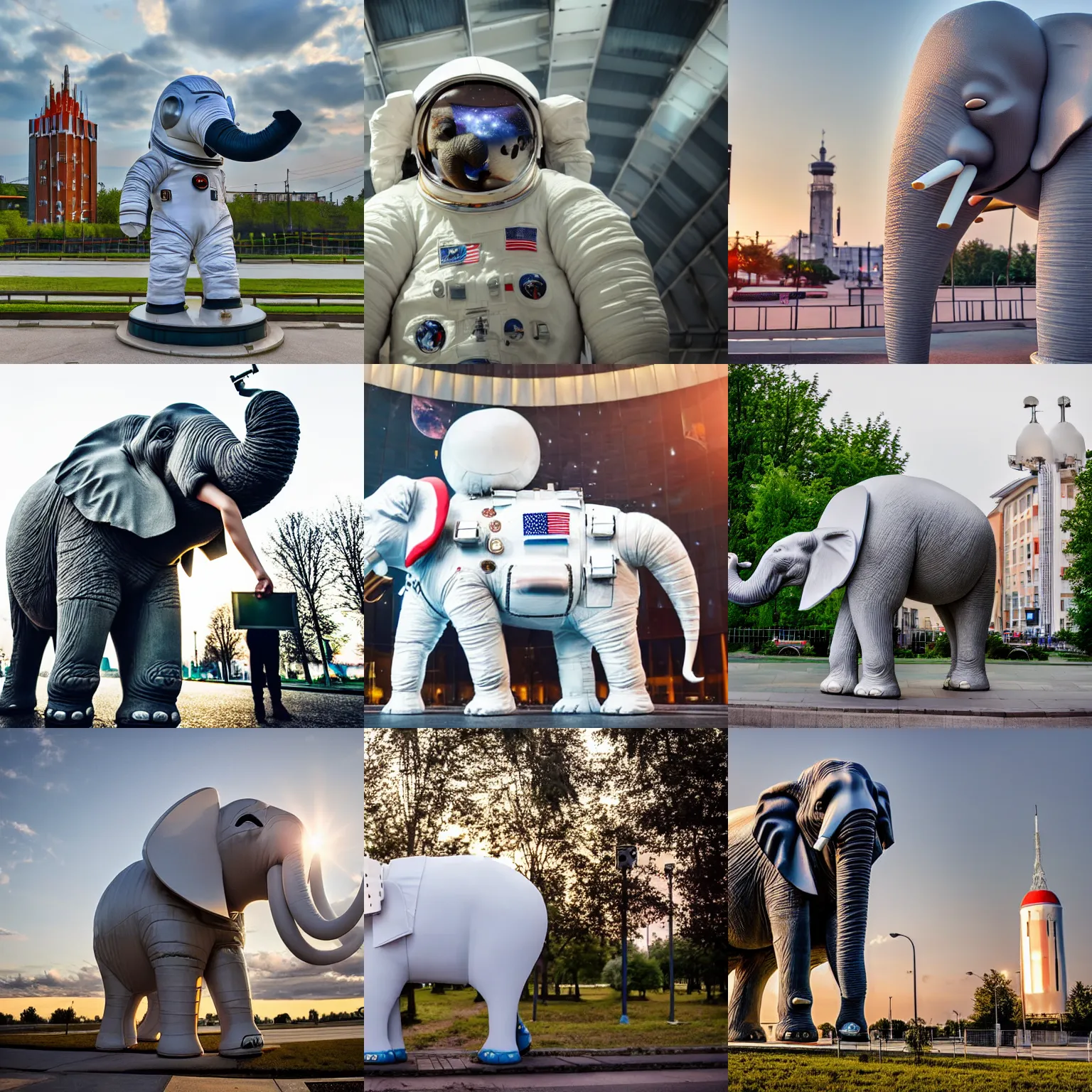 Prompt: giant elephant wearing white american spacesuit with oversized giant helmet as astronaut animal, in legnica, sunrise, overcast bokeh, cctv - c 8