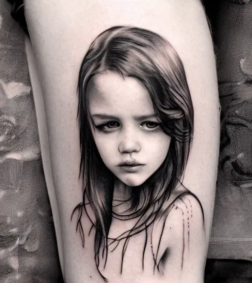 Image similar to a beautiful girl portrait, faded mountain background, realism tattoo, in the style of den yakovlev, black and white, hyper realistic, highly detailed