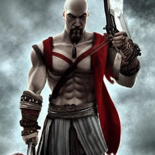 Image similar to kratos wearing hitman's suit holding double deagle