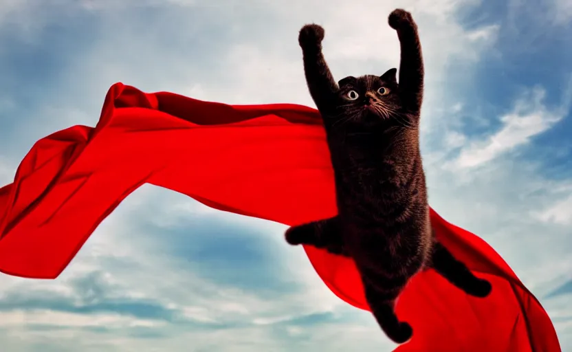 Image similar to cat with a red cape flying through the sky in a superman pose