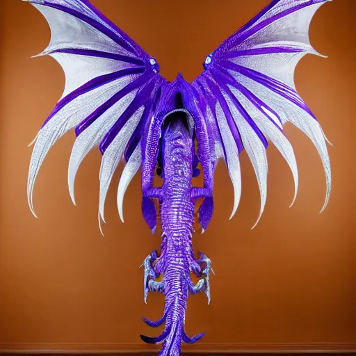 Image similar to s 1288948815 a 128 foot tall silver western dragon with purple accents, having a 360 foot long wingspan; The scales smooth and streamlined, while jutting out at the elbows and crest and spine; with a head of streamlined elegance; with two wings; with long elegant tail; with 4 limbs and 4 claws on each foot; deviantart, furaffinity, high quality