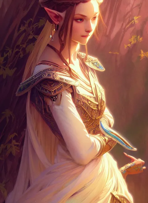 Image similar to zelda, fantasy, intricate, elegant, highly detailed, digital painting, artstation, concept art, wallpaper, smooth, sharp focus, illustration, art by artgerm and greg rutkowski and alphonse mucha