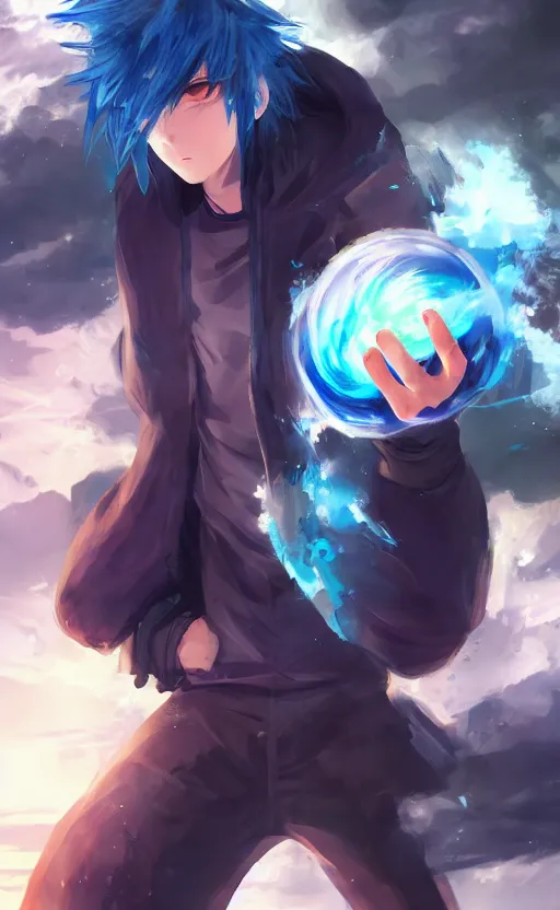 Image similar to anime boy with messy blue hair wearing black long jacket holding an energy ball, WLOP, concept art, digital painting, trending on artstation, highly detailed, epic composition, 8k UHD