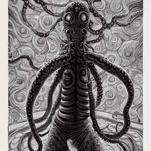 Prompt: full body shot of a man with a tentacle arms by junji ito and james jean and esao andrews, 4 k, hyperdetailed, hyperrealistic, trending on artstation, pencil art on paper, horror, dramatic lighting