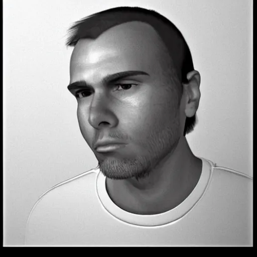 Image similar to A mugshot portrait of a man who looks like Jerma985 with short length wavy hair and a slightly receded hairline, wearing mid 1980s menswear in the late 1980s, taken in the late 1980s, grainy, realistic, hyperrealistic, very realistic, highly detailed, very detailed, extremely detailed, detailed, trending on artstation, front facing, front view, headshot and bodyshot, detailed face, very detailed face