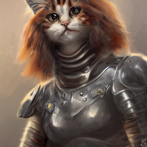 Image similar to portrait of a british longhair cat sodier with armor in the war, by stanely artgerm