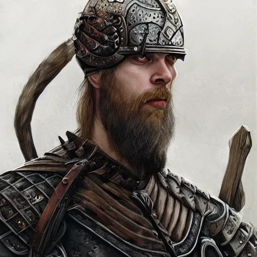 Image similar to portrait of solemn, ice-pale undead viking warrior with black veins and brutalist plate armor with art deco knotwork, elegant, intricate, head and upper body portrait, D&D, fantasy, highly detailed, digital painting, artstation, concept art, sharp focus, illustration, art by artgerm and brom and greg rutkowski and alphonse mucha