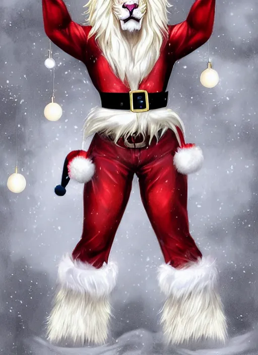 Image similar to Aesthetic portrait commission of a gay male fully furry, muscular anthro albino lion wearing an attractive festive red and white cozy Christmas outfit with long pants and black leather harness and boots, with a tail and a beautiful, attractive, hyperdetailed face, safe for work (SFW). Character design by charlie bowater, ross tran, artgerm, detailed, inked, award winning film poster painting.